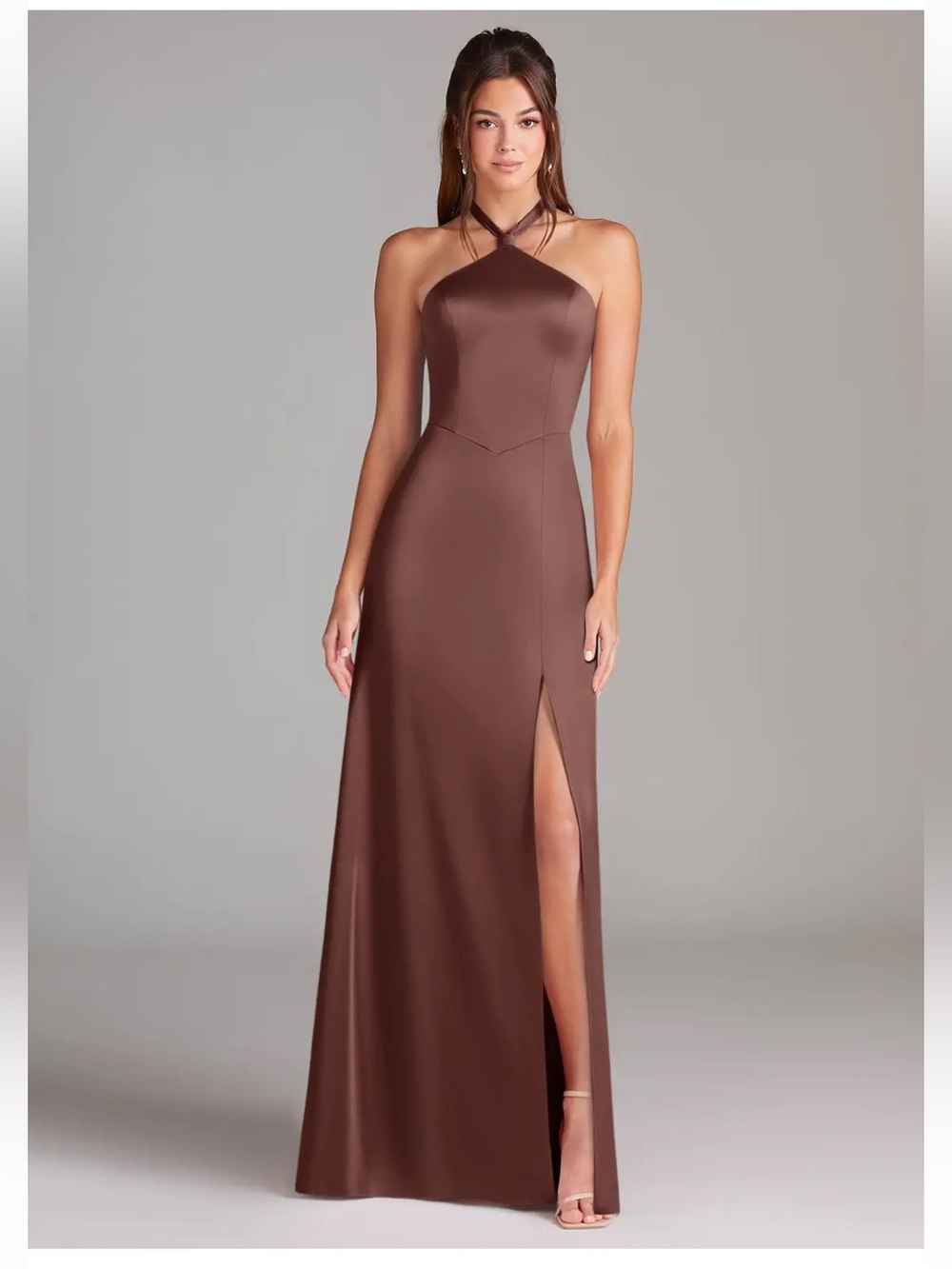 Azazie Espresso Sheath Side Slit Stretch Satin Dress - Picture 10 of 11